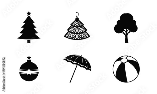 Christmas and summer icons set, holiday vacation line art vector silhouette illustration.