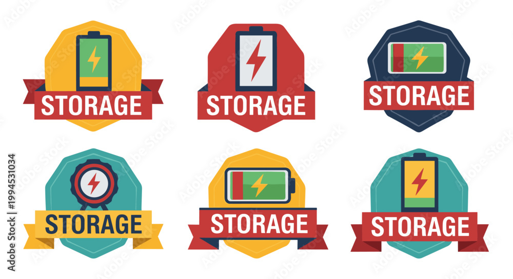 Fototapeta premium Collection of six modern, flat vector emblems featuring battery icons and 'storage' text in vibrant yellow, red, blue, and teal color schemes, symbolizing energy and data