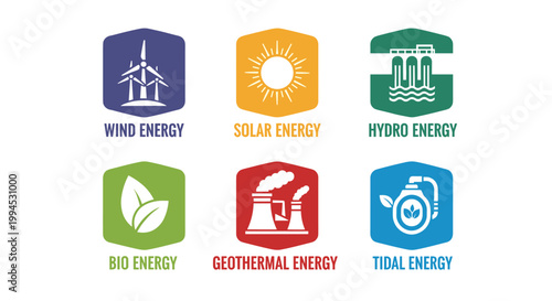 Collection of clean, scalable vector icons representing diverse renewable energy sources: wind turbines, solar sun, hydroelectric dams, bio leaves, geothermal plants, and tidal