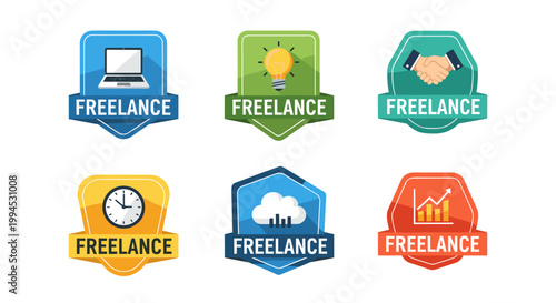 Collection of modern flat vector badges representing freelance work concepts: laptop, idea bulb, handshake, clock, cloud, and growth chart in vibrant blue, green, yellow, and red