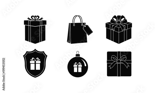 Collection of six black silhouette gift boxes bags and Christmas ornament icons.