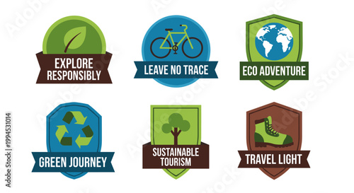 Collection of eco-friendly adventure badges featuring a leaf, bicycle, globe, recycling symbol, tree, and hiking boot in vibrant green, blue, and brown tones, promoting