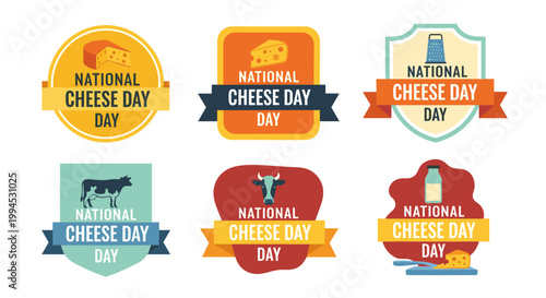 Collection of six vibrant, colorful national cheese day badges, featuring cheese wedges, cow silhouettes, and cheese graters, designed with clean lines and a flat vector style,