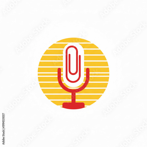 Microphone icon with yellow sun rays and red outline for audio, podcasting, broadcasting, and voice recording branding