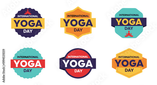 Collection of six vibrant, scalable vector illustrations celebrating international yoga day, featuring geometric shapes, bold typography, and a diverse color palette for