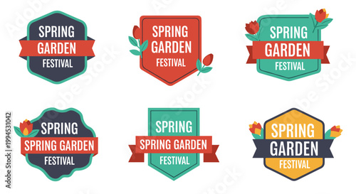 Collection of six vibrant, colorful spring garden festival badges with floral elements, banners, and text. these scalable vector illustrations feature a flat design aesthetic,