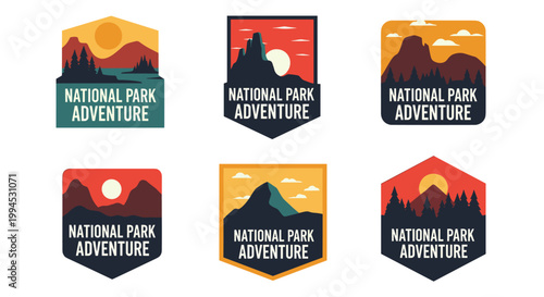 Collection of vibrant, stylized national park adventure badges, showcasing mountain silhouettes, sun, and trees within geometric frames, perfect for outdoor travel branding and