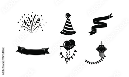 Party celebration icons set with balloon hat and ribbon vector silhouette and line art style.