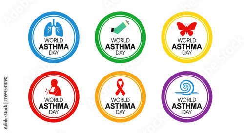 Colorful circular emblems represent world asthma day, showcasing lung anatomy, inhaler, butterfly, person coughing, ribbon, and ocean wave, conveying health awareness in a clean,