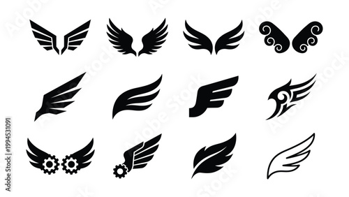 Collection of stylized wing icons in various designs from feathered angel wings to abstract tribal designs black and white angelic wings decorative wings illustration collection abstract