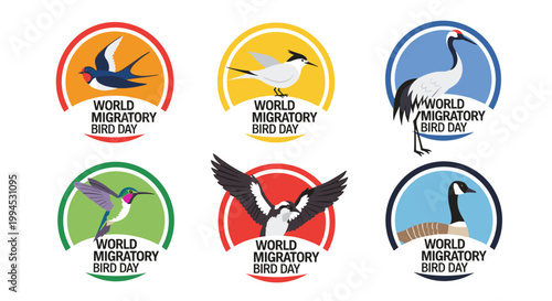 Colorful circular emblems showcase diverse avian species celebrating world migratory bird day, featuring swallow, tern, crane, hummingbird, raptor, and goose illustrations with