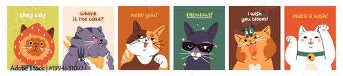 Quadro su tela Designs of greeting cards with funny cats set