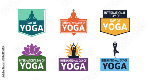 Collection of vibrant yoga-themed emblems, featuring figures in various poses, lotus flowers, and sunbursts, designed with clean lines and a modern color palette for international