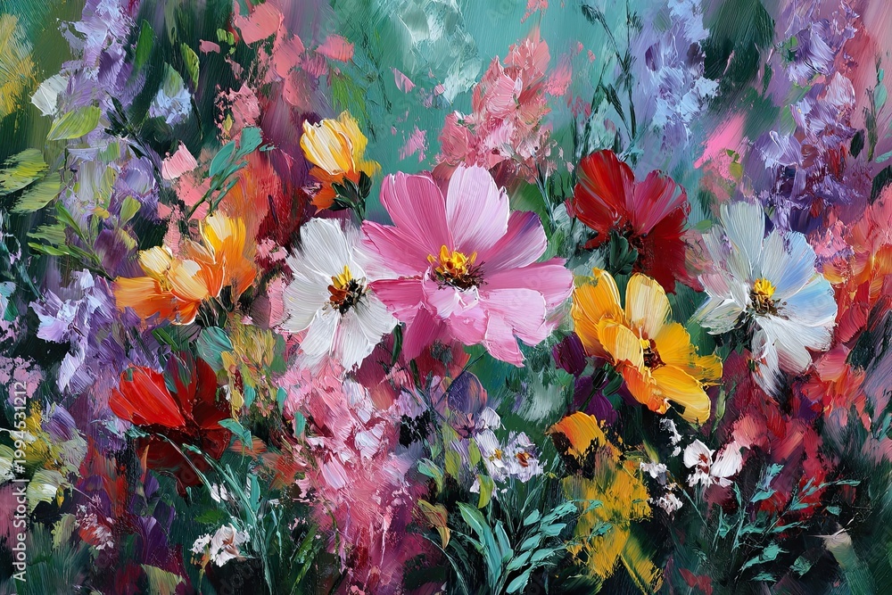 Fototapeta premium A loose impressionist oil painting of a lush flower garden with cosmos and mixed blooms in pink, red, white, and green, rendered with bold expressive brushstrokes.