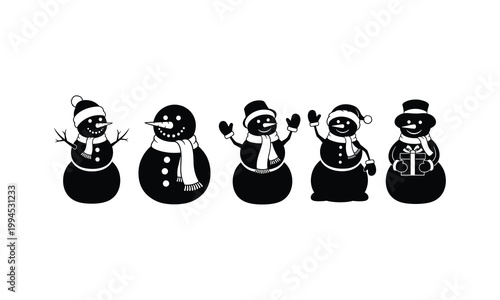 Set of five black silhouette snowmen wearing hats and scarves with button details.
