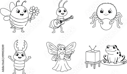 Collection of cute cartoon characters including a bee with a flower, ant playing guitar, spider, stag beetle, fairy, and a frog watching television.