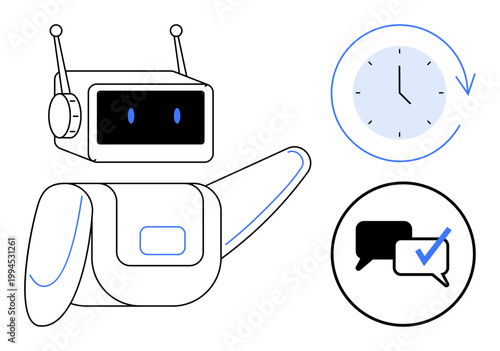 Robot gesturing with icons of a clock for time tracking and chat bubbles with a checkmark for communication. Ideal for automation, productivity, task scheduling, technology, AI, messaging, teamwork