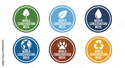 Set of six circular badges, each representing a facet of environmental stewardship, featuring a tree, leaf, water droplet, globe, paw print, and recycling symbol, all within a