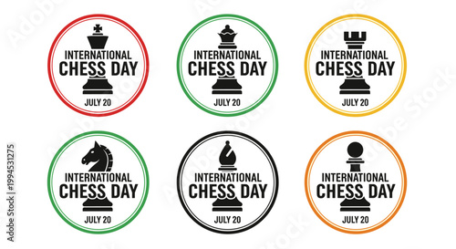 Set of six circular emblems celebrating international chess day, featuring diverse chess piece silhouettes in black, surrounded by colorful rings, and the date july 20, perfect