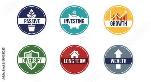 Set of six circular finance icons representing passive income, investing, growth, diversification, long-term goals, and wealth accumulation, featuring clean lines and a vibrant