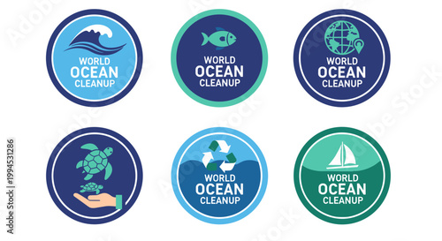 Set of six circular emblems showcasing environmental consciousness, featuring waves, fish, globe, turtles, recycling, and sailboats, designed with a clean, modern aesthetic in