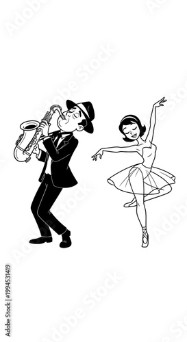 Jazz Musician Plays Saxophone for Ballerina Dancing