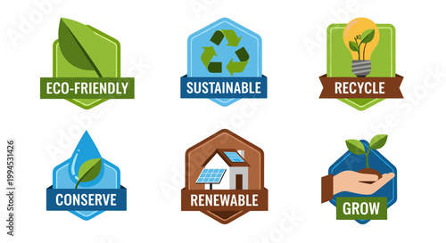 Set of six eco-friendly badges in green, blue, and brown hues, featuring symbols for sustainability, conservation, recycling, renewable energy, and growth, with clean lines and