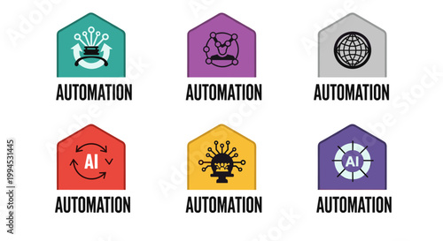 Set of six modern house-shaped icons representing automation concepts, featuring vibrant teal, purple, red, yellow, and grey color palettes with clean lines and scalable design
