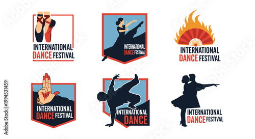 Set of six stylized vector illustrations promoting an international dance festival, featuring ballet shoes, dancers in silhouette, a hand gesture, a fan, and a couple, all within