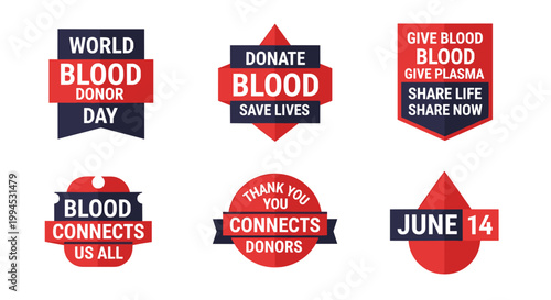 Set of six stylized blood donation emblems, featuring bold red and navy blue color scheme, conveying messages of giving, saving lives, and promoting world blood donor day in a