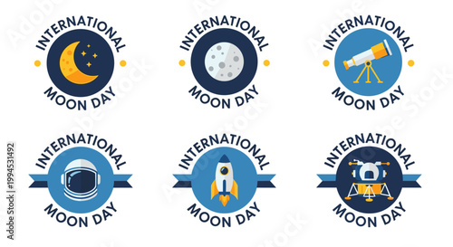 Set of six vibrant emblems celebrating international moon day, featuring a crescent moon, full moon, telescope, astronaut helmet, rocket, and lunar lander, all within circular