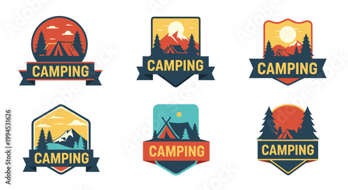 Set of six vintage camping emblems featuring tents, pine trees, mountains, and sunrises/sunsets in a warm, inviting color palette, perfect for outdoor adventure branding.