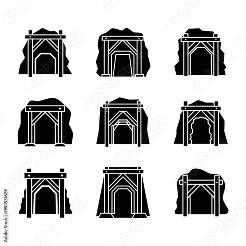 Mine Entrance Icons Set - Mining Entrance, Tunnel, Shaft, Underground Entry