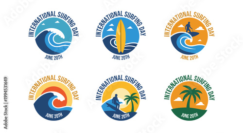 Set of vibrant, circular emblems celebrating international surfing day, featuring dynamic waves, surfboards, silhouettes, and palm trees, rendered in a clean, scalable vector