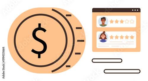 Financial systems, customer satisfaction, online reviews, e-commerce, digital services, business ratings. A dollar coin beside a browser window with user reviews. Financial systems and customer