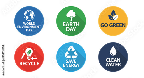Vibrant circular icons promoting environmental awareness, featuring earth day, recycling, clean water, and energy conservation themes, rendered in bold colors with clean lines for