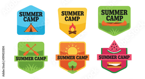 Vibrant summer camp badges showcase tent, campfire, canoe, crossed oars, sunny tree, watermelon sandwich, evoking outdoor adventure with bold colors and clean vector graphics.