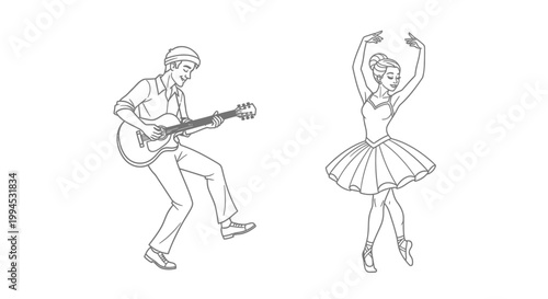 Musician Playing Guitar Next to Ballerina Dancing