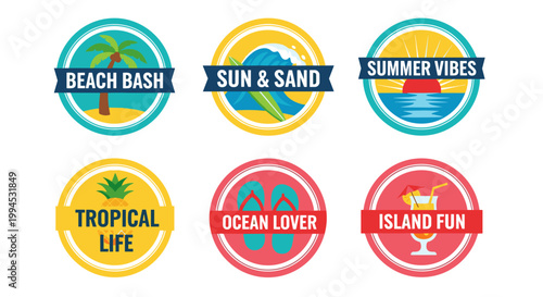Vibrant summer circle badges featuring beach elements, palm tree, surfboard, waves, sunset, pineapple, flip-flops, cocktail, with turquoise, yellow, and red color palette,