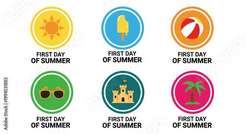 Vibrant summer icons depicting the first day of the season, featuring a sun, ice cream, beach ball, sunglasses, sandcastle, and palm tree, all within colorful circular frames,