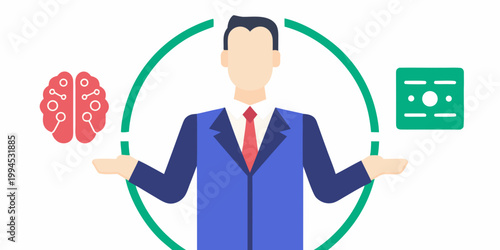 Man balancing brain and data symbol within a green circular frame