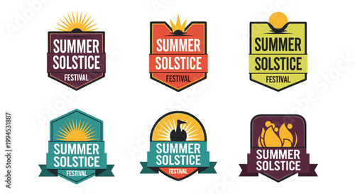 Vibrant summer solstice festival emblems featuring radiant sunbursts, elegant ribbons, and bold typography in a spectrum of warm and cool colors, perfect for seasonal celebrations