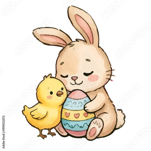 Cute cartoon easter bunny holding a basket of colorful eggs smiling happily in a fun playful style