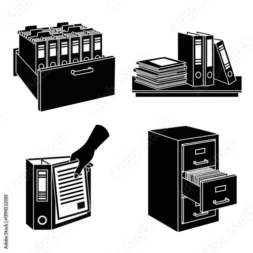 Office organization: Filing cabinets, binders, and document management icons