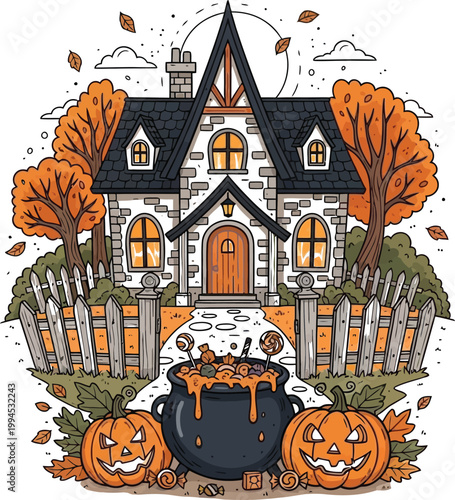 Whimsical watercolor halloween house with cauldron and autumn foliage