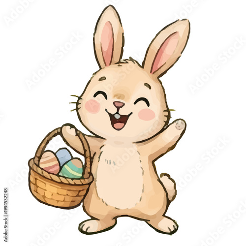 Cute cartoon easter bunny holding a basket of colorful eggs smiling happily in a fun playful style