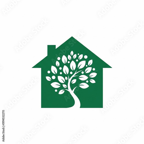 Tree house eco logo with white foliage and leaves inside a green home symbol for sustainable living branding