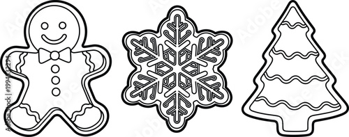 Festive holiday cookie outlines gingerbread man snowflake and christmas tree