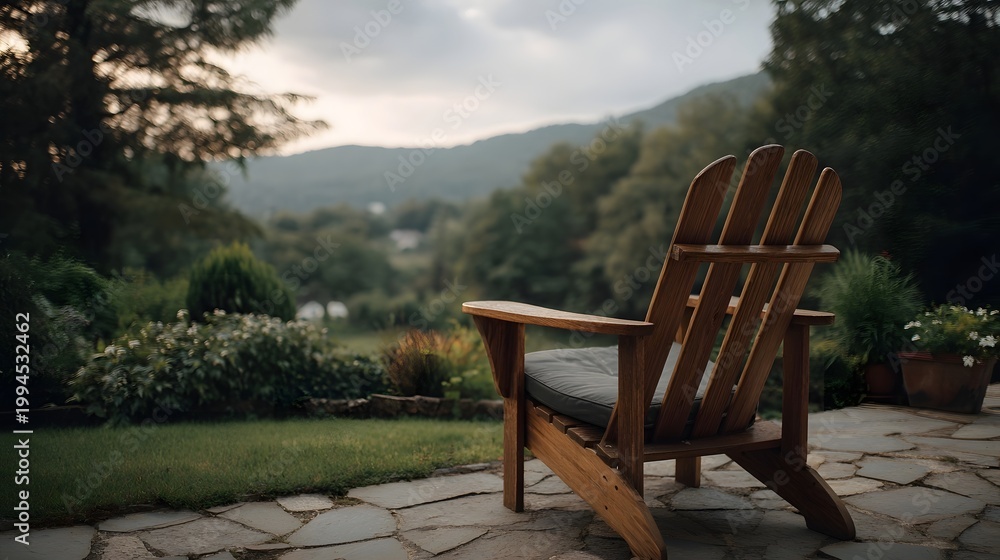 Obraz premium A wooden lounge chair set on a stone patio overlooking a lush green natural landscape