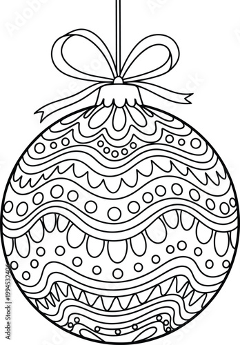 Intricate black and white illustration of a decorative christmas ornament